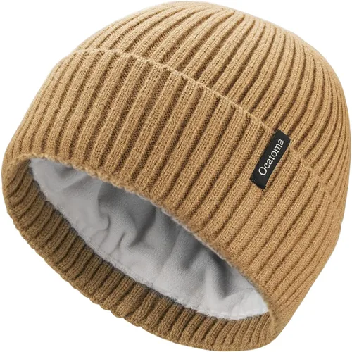 Vista 23 de Ocatoma Gorro para hombre y mujer, cálido gorro de invierno tejido con puños, suave y cálido, gorro de esquí unisex Camello gris