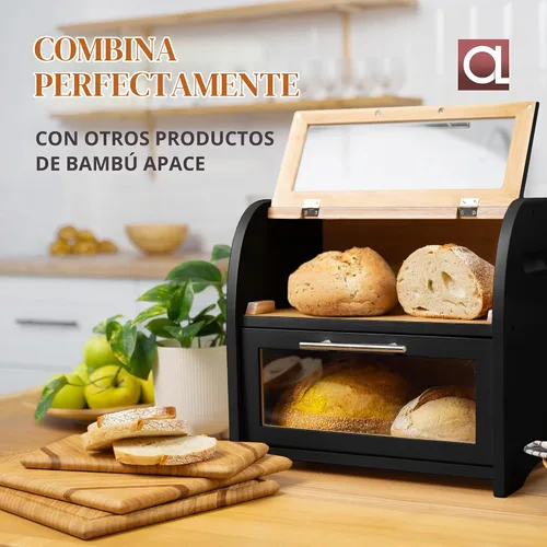 Vista 5 de Arise Panera de Bambú Elegante para Encimera de Cocina, Contenedor de Almacenamiento de Pan de Madera Extra Grande de 2 Estantes con Ventanas Negro