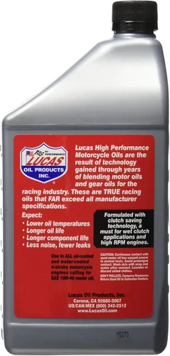 Vista 2 de Lucas Oil Aceite de Motor, Alto Rendimiento, 10W40, Semisintético, Botella de 1 cuarto de galón, Motocicleta, Cada
