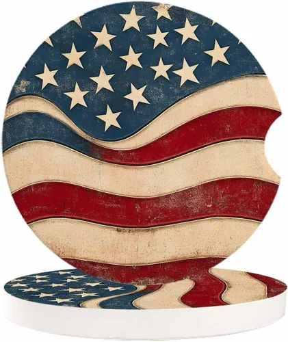 Vista 19 de Portavasos para automóvil para mujeres/hombres, paquete de 2 posavasos absorbentes de cerámica para bebidas, diseño de camuflaje con bandera