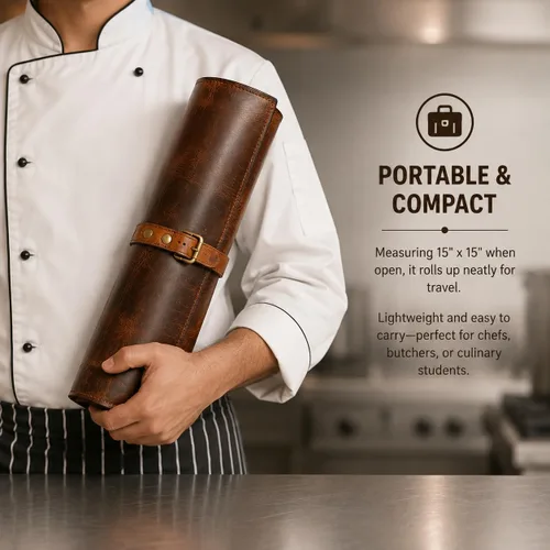 Vista 7 de Tolredo - Estuche de piel de búfalo para cuchillos de chef, 6 ranuras y 1 bolsillo con cremallera para almacenamiento culinario, bolsa portátil