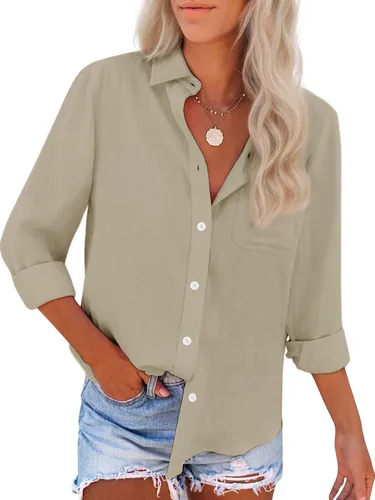 Vista 22 de Camisas de algodón con botones, para mujer, camisas de vestir Oxford, camisas de trabajo de manga larga, blusas con cuello y bolsillo