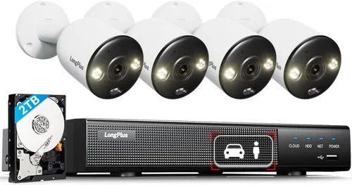 Vista 7 de LongPlus Cámara de seguridad Poe 4K-UHD de 8MP, funciona con NVR, cámara bala con cable, visión nocturna a color, focos LED, alarma de luz