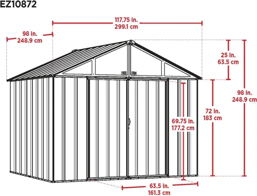 Vista 5 de Arrow Cobertizo EZEE de 10' x 8' Cobertizo de almacenamiento de acero a dos aguas extra alto Carbón vegetal