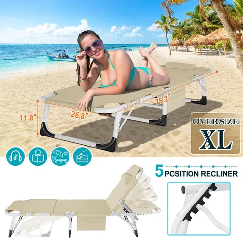 Vista 3 de ABORON - Silla de bronceado 3 en 1 extragrande con tapete y reposabrazos, tumbonas plegables resistentes, 5 posiciones para exteriores, para playa