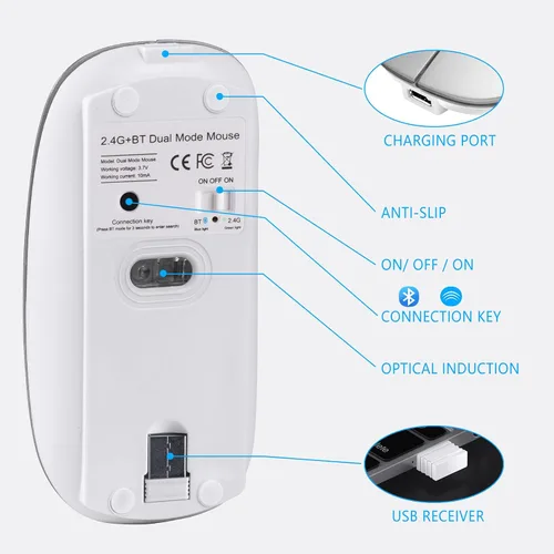 Vista 6 de AE WISH ANEWISH Ratón inalámbrico de modo dual (Bluetooth 4.0+USB), ratones silenciosos recargables con receptor USB, mouse Bluetooth delgado