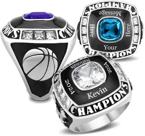 Vista 22 de Anillo de campeonato de acero inoxidable con texto y color personalizados - Trofeo, fútbol americano, béisbol, baloncesto, deportes electrónicos