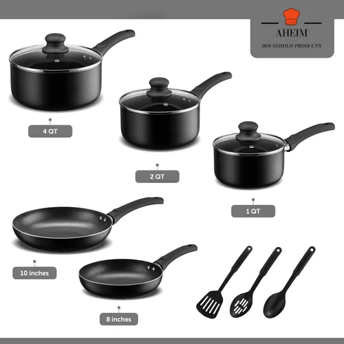 Vista 2 de Juego de ollas y sartenes, juego de utensilios de cocina antiadherentes de aluminio, sartenes, cazuela con tapa, sartén y utensilios, juego de Negro