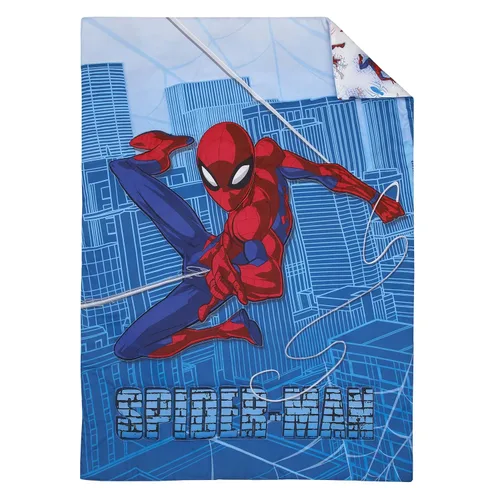 Vista 2 de Disney Marvel Spiderman Wall Crawler - Juego de ropa de cama infantil de 4 piezas con telarañas rojas, blancas y azules, edredón, sábana bajera