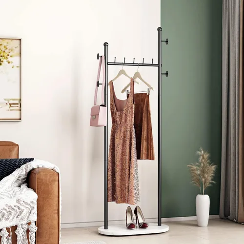 Vista 6 de DR.IRON Percheros de ropa negros con base de mármol, percheros modernos independientes negros con estantes para dormitorio, percheros resistentes