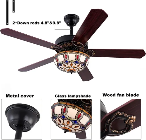 Vista 8 de Ventilador de techo Tiffany de 52 pulgadas con luces y control remoto, ventiladores de techo tradicionales de madera de perfil bajo, ventilador