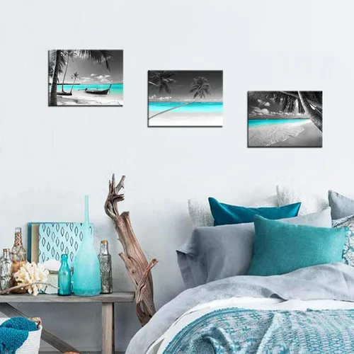 Vista 3 de Biuteawal 3 piezas de lienzo de playa en blanco y negro para pared, imágenes de paisaje marino turquesa, palmera tropical, velero, pintura, obras