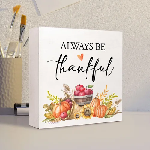 Vista 4 de Q682 Decoración de mesa de otoño: letrero de bloque de madera de hojas de otoño de calabaza de Acción de Gracias, rústico de cosecha de otoño