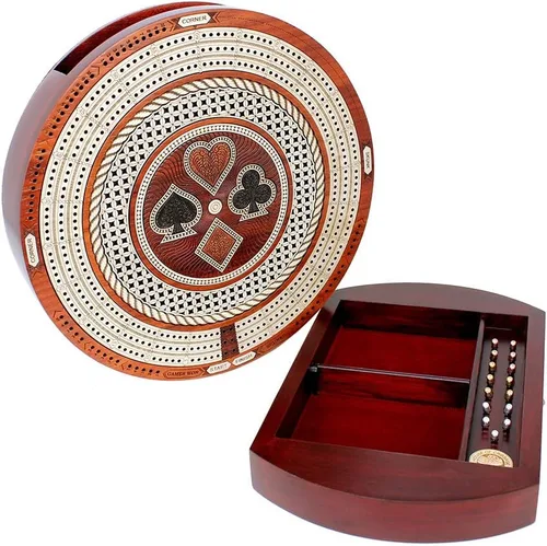 Vista 4 de House of Cribbage - Tabla de cuna continua de 3 pistas de forma redonda de 10" - Madera de arce/sangre - Cajón de empuje con campos de marcado