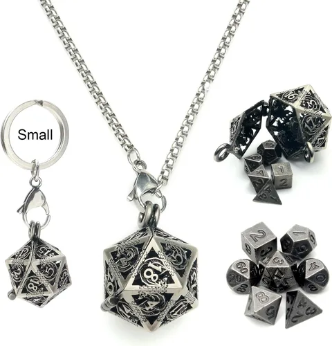 Vista 21 de Haxtec Juego Mini de Dados de Metal DND con Estuche de Collar Hueco Juego de Dados de Metal Pequeños Antiguos Juego de Llaveros D&D Portátil Juego