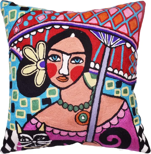 Vista 11 de Frida - Funda de almohada inspirada en el collar de arte mexicano, funda de almohada floral bordada a mano con arte hispano, cojín para silla, cojín