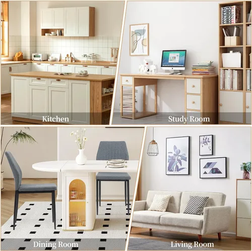 Vista 7 de Juego de 4 Sillas de Comedor, Sillas de Comedor de Madera Tapizadas, Sillas de Cocina de Tela Moderna de Mediados de Siglo con Patas de Metal, Tela