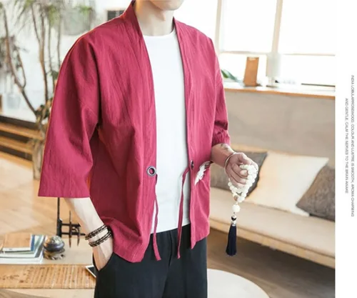 Vista 5 de HZCX FASHION Cárdigan tipo kimono de lino con mezcla de algodón para hombre