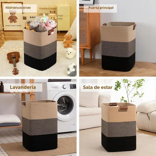 Vista 6 de Cesta de Ropa Sucia 96L Extra Grande Cesta de Lavandería, Cesta Tejida para Mantas, Cesta de Almacenamiento Tejida de Algodón con Asas para Sala