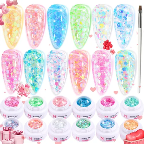 Vista 12 de Kit de esmalte de uñas de gel, 12 colores brillantes con purpurina 9D camaleón ojo de gato, juego de esmalte de uñas de gel con base de luz