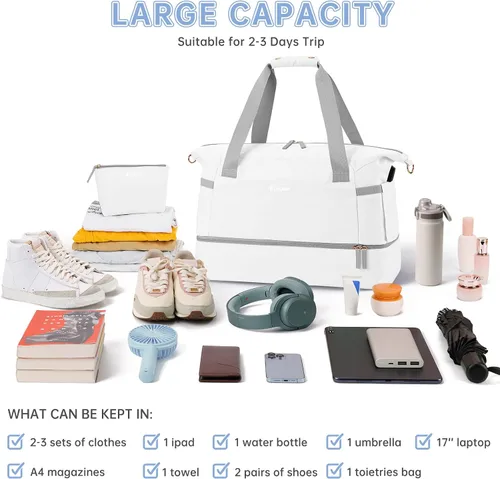 Vista 3 de ETRONIK Bolsa de gimnasio para mujer, bolsa de viaje con puerto de carga USB, bolsa de fin de semana con bolsillo húmedo y compartimento
