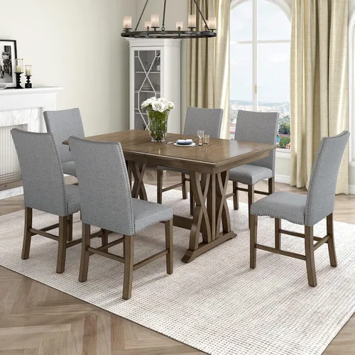 Vista 38 de Juego de mesa de comedor rústica de 6 piezas con mesa rectangular de caballete y 4 sillas tapizadas y banco, juego de mesa de comedor de cocina