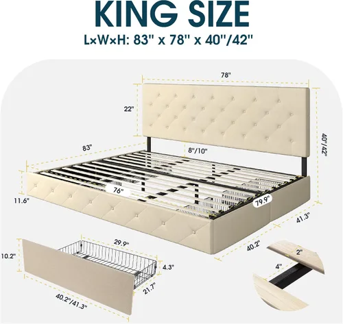 Vista 41 de WEEWAY Base de cama de plataforma tamaño King con 4 cajones de almacenamiento, cabecera capitonada con botones de costura de diamante, base de Negro