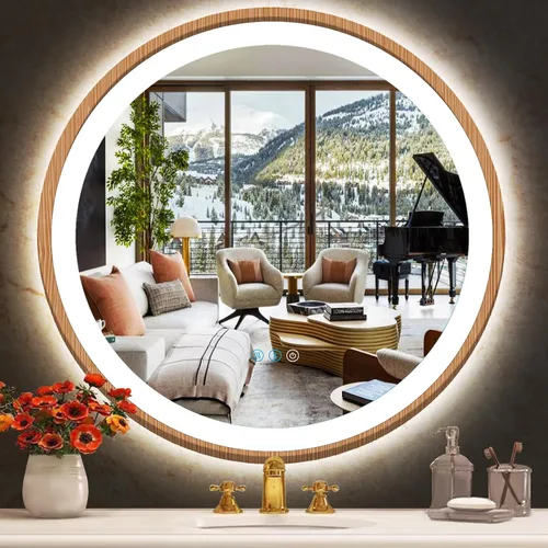 Vista 10 de Espejo de baño LED redondo con marco de madera con luces de 20 pulgadas, espejo de pared iluminado, 3 colores regulables, antiniebla, espejo 20.0 in