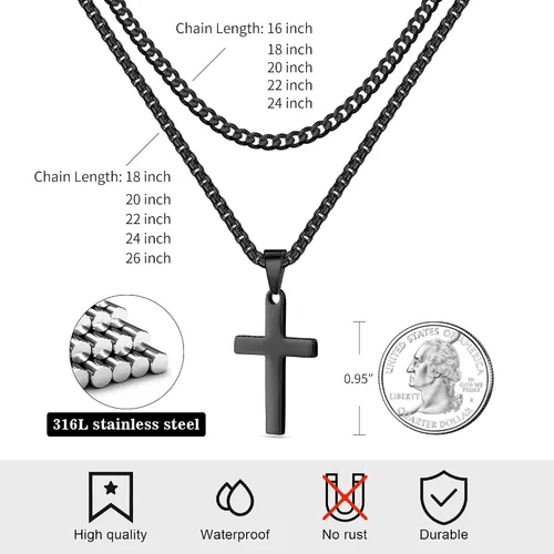 Vista 5 de LUXEJEW Collar de cruz de acero inoxidable para hombres y niños, cadena de eslabones cubanos de plata dorada y negra, cadena de cadena con colgante