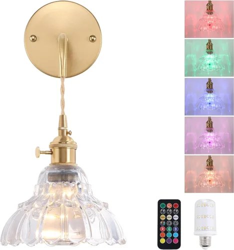 Vista 15 de Shenmoyl - Aplique de pared que funciona con pilas, lámparas de pared vintage recargables con pantalla de vidrio de lirio verde, lámpara de pared