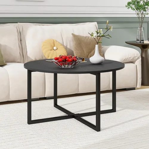 Vista 10 de HOMERECOMMEND - Mesa de centro redonda para sala de estar, color negro y gris Accent Center Table for Living Room Tea Desk with Black Metal Legs