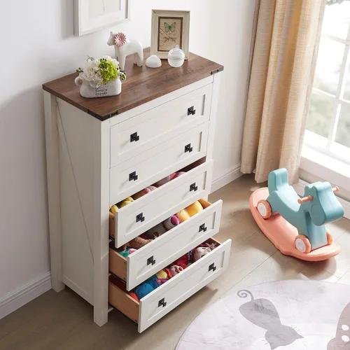 Vista 8 de T4TREAM Cómoda rústica de 48 pulgadas de alto con 5 cajones para dormitorio Blanco antiguo