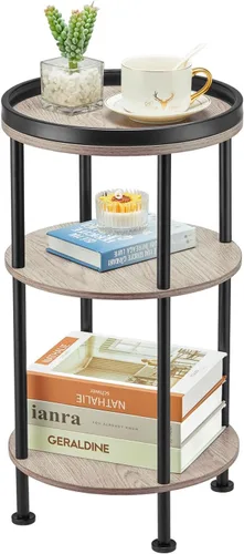 Vista 12 de Mesa auxiliar redonda pequeña con estación de carga para espacios pequeños, mesa decorativa de 3 niveles con puertos USB y tomas de corriente, mesa
