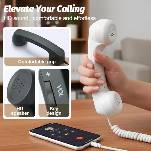 Vista 4 de Auricular de Teléfono Retro, Auricular de Teléfono Retro para iPhone y Android, Teléfono Vintage de la Vieja Escuela con Cable para Teléfonos Rosa