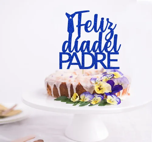 Vista 4 de Decoración de pastel de Feliz Día del Padre para decoración del día del padre, suministros de fiesta de cumpleaños de papá con purpurina azul