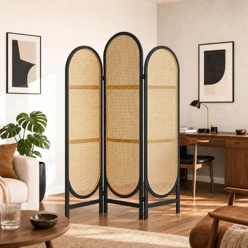 Vista 2 de 3 Panel Rattan Room Divider, Arched Room Divider Screen, Black