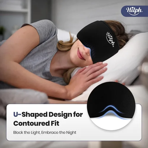 Vista 6 de Hilph Gorra ajustable para aliviar la migraña con compresa fría de gel grueso, gorra para aliviar el dolor de cabeza, máscara de enfriamiento facial