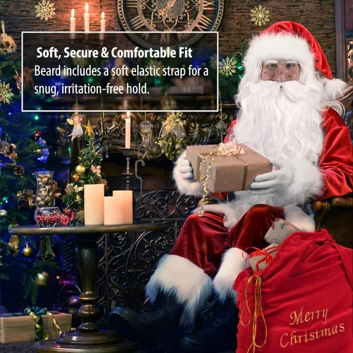 Vista 4 de Kangaroo Juego de barba y peluca blanca de Papá Noel para adultos, pelo sintético suave y esponjoso, ropa de disfraz de Navidad para fiestas
