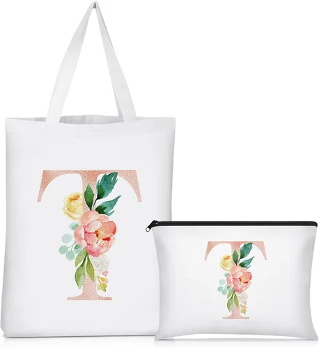 Vista 15 de Sanwuta 2 bolsas de lona con inicial, diseño floral con letras florales, bolsas de cosméticos de viaje, bolsas con monograma para mujer, mujer