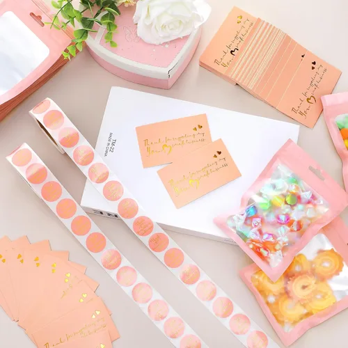 Vista 5 de Leelosp 2280 tarjetas de agradecimiento rosadas y calcomanías para pequeñas empresas, regalos hechos a mano, embalaje de envío, pulsera resellable