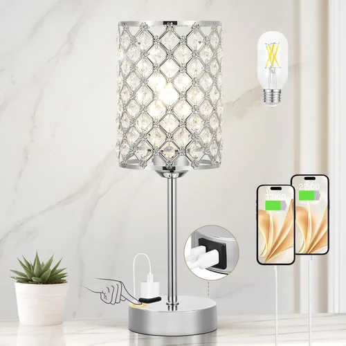 Vista 10 de Lámpara de mesa de cristal con control táctil, lámpara de mesita de noche regulable con puertos de carga USB-C+A y CA, lámpara USB dorada de 3 vías