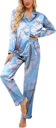 Vista 15 de Ekouaer - Conjunto de pijama de satén de seda clásico con botones para mujer, de manga larga Verde militar