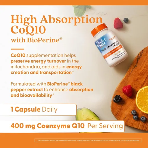 Vista 4 de Doctor's Best CoQ10 de alta absorción con BioPerine, salud cardíaca y producción de energía, fermentada naturalmente, sin OMG, vegano, sin gluten