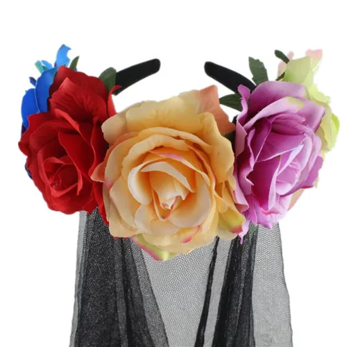 Vista 3 de Velo floral rosa rosa corona velo de Halloween velo negro novias tiara negra Halloween Cosplay accesorios diadema mexicana Día de los Muertos