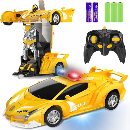 Vista 10 de FDJ - Auto a control remoto que se transforma en robot, transformación con un botón a robot con luz intermitente, juguete de policía para niños
