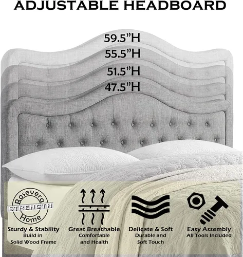 Vista 3 de Rosevera Grayson - Cama de cabecera ajustable con poliéster fino y acolchado de botones para dormitorio, matrimonial, color ceniza