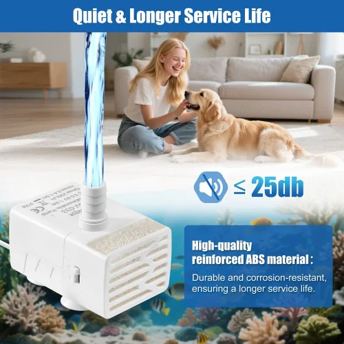 Vista 3 de Bomba de agua sumergible de 200 l/h, ultra silenciosa, USB, bomba de fuente pequeña con 2 boquillas para acuario, fuente de pecera, hidropónico