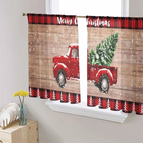Vista 3 de Cortinas traslúcidas para camión rojo de Navidad de 45 pulgadas de largo, juego de 2 paneles de tablero de madera retro rústico con cuadros