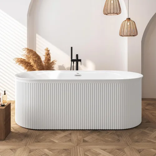 Vista 48 de FerdY Bañera independiente de acrílico Bali de 47 pulgadas, bañera independiente con forma elegante, certificado cUPC, drenaje dorado cepillado