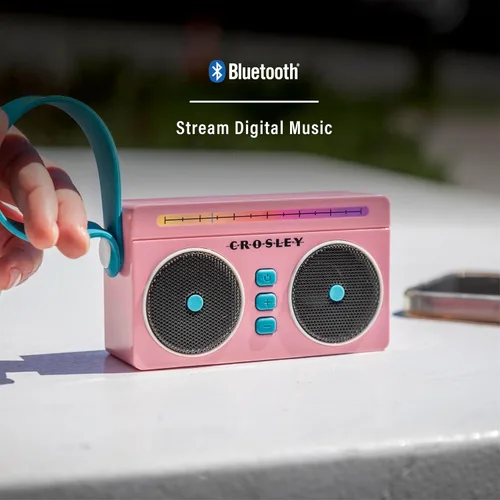Vista 4 de Crosley CR3050A-FG Mini Boombox Altavoz Bluetooth Portátil Retro con Luces LED, Flamingo